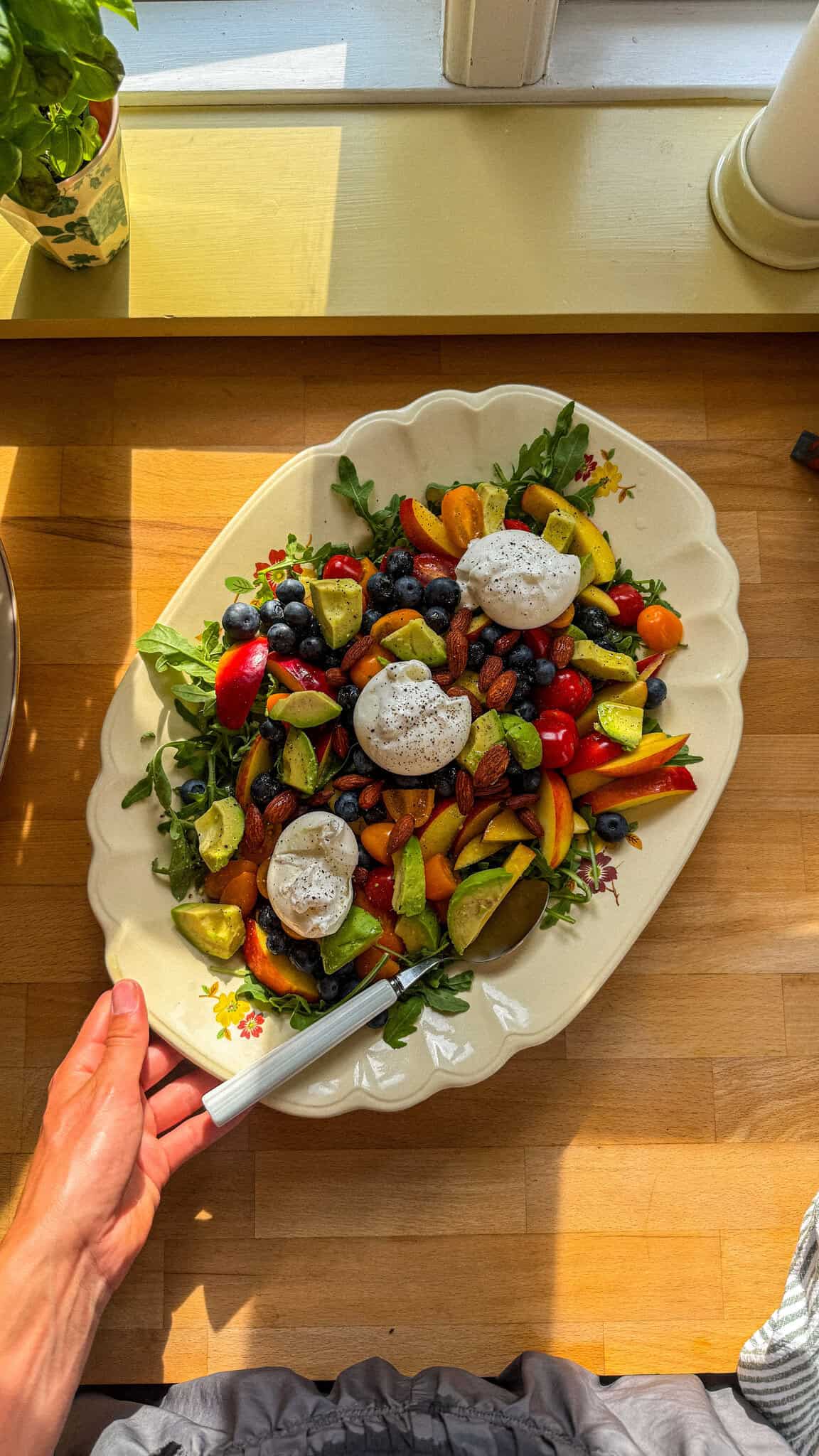 Salat med nektrain, blåbær og burrata